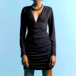 Zara Draped Long Sleeve Mini Dress in Black, S
